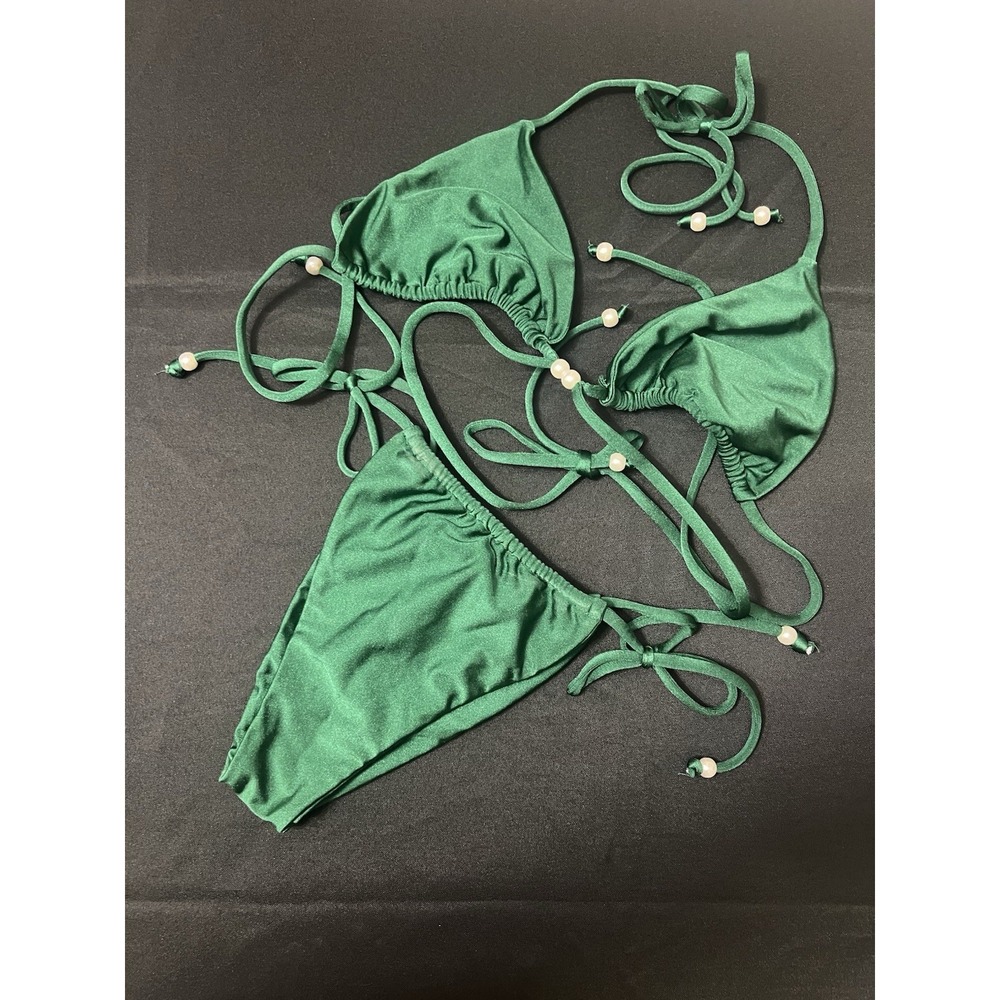 Mahina Swimwear Women's Bikini Top Bottom Green Pearls Beach Large Cruise
